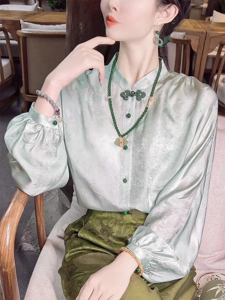 

Satin Silk Jacquard Blouses Women Long Lantern Sleeve Loose Shirts Office Lady Casual Wear Tops Oversized