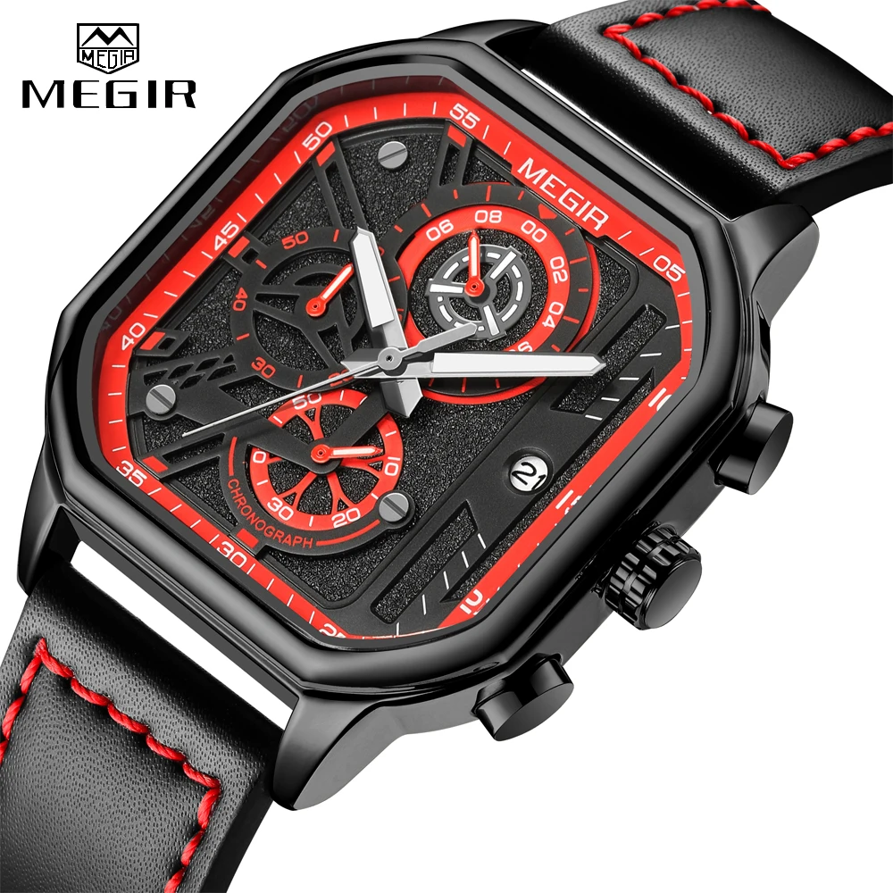 

MEGIR Chronograph Analog Quartz Watch Men Square Dial Leather Strap Fashion Sport Male Wristwatches Youth with Auto Date