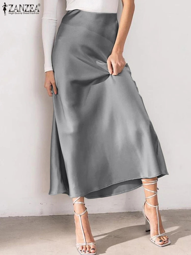 ZANZEA Summer Fashion Satin Skirts Women Elastic Waist Long Skirt Casual A-Line Robe Zipper Party Jupe Faldas Saia Oversize