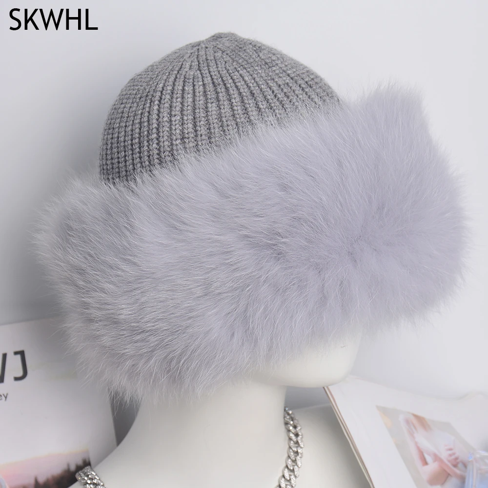 

Women's Winter Real Fox Fur Wool Knit Hat Lady Cap Beanie Winter Hats Women Natural Fox Fur Fluffy Warm Fedoras Knitted Fur Hats