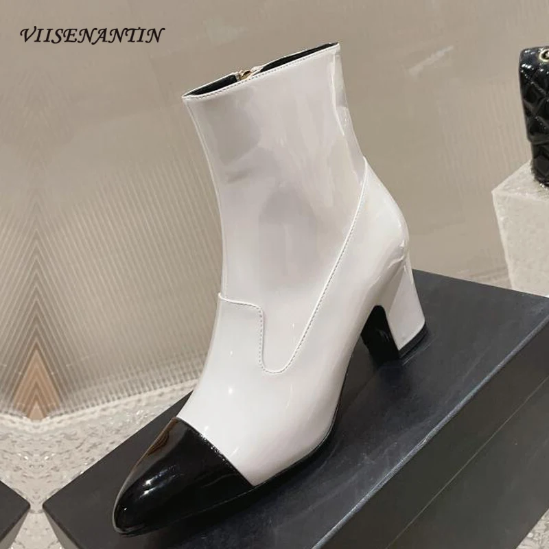 

Women 2023 New Coming Shiny Mix Color Chelsea Boots Patent Leather Amazing Elegant Side Zip High Quality Designer Bota Shoe