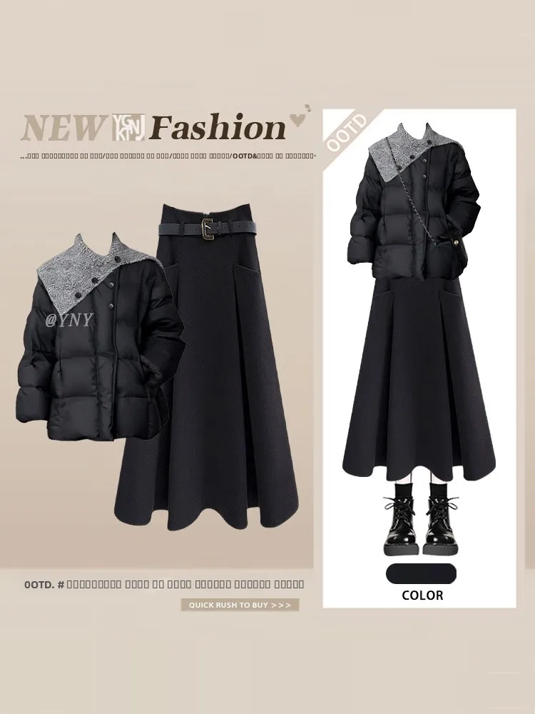 

Black Cotton Jacket Women's Winter New Style High Waist Short Skirt Two-Piece Set Fashionable Warm Casual Look Adult Size