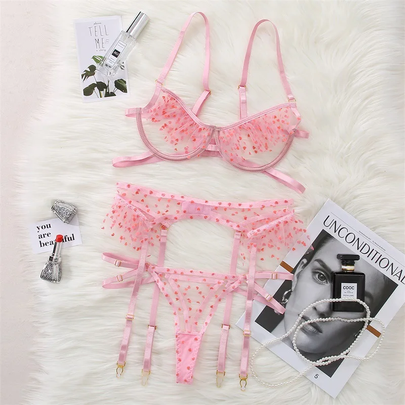 Sexy Sheer Floral Lace Lingerie Set Open Bra Garter Belt Low Waist Panties Inti… - Image 5