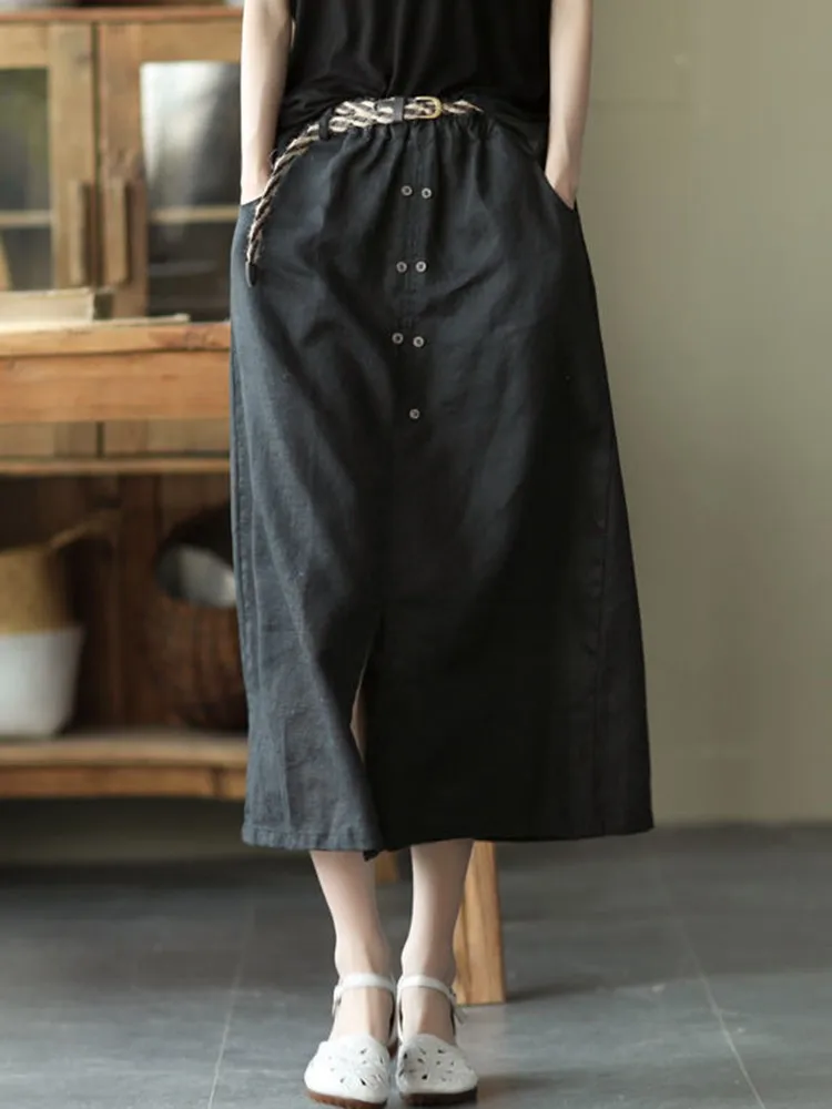 High Waist Casual Skirts Women New Arrival 2022 Summer Vintage Style Loose Cotton Linen Ladies A-line Long Skirt With Belts D326