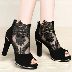 Mesh Peep Toe Sandals Women's Sexy Heels Single Shoes Women in Europe America Spring Autumn Gauze Platform Pumps female