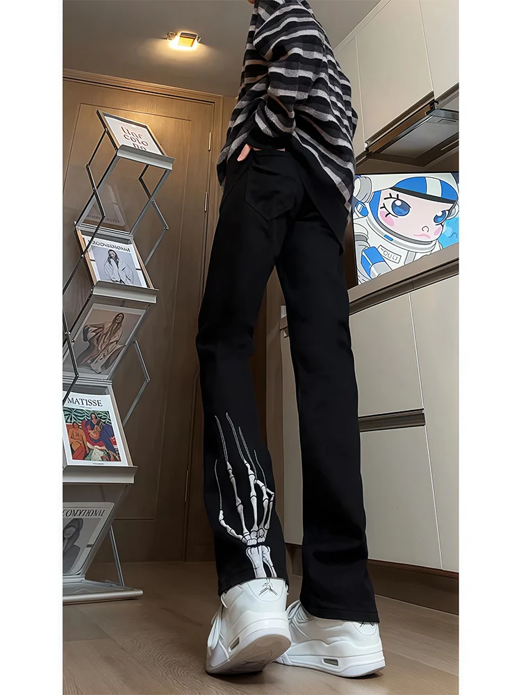 American Vibe Skull Hand Claw Embroidery Jeans Men's Summer Thin Straight Leg Bell Bottoms Youthful Casual Straight Fit Jeans