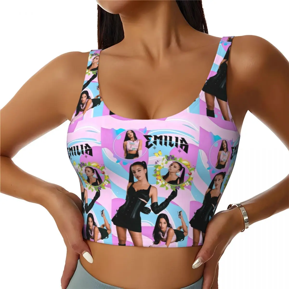 

Custom Women E-Emilia Mernes Sports Bras Mp3 Singer Poster High Impact Gym Workout Running Crop Tank Tops