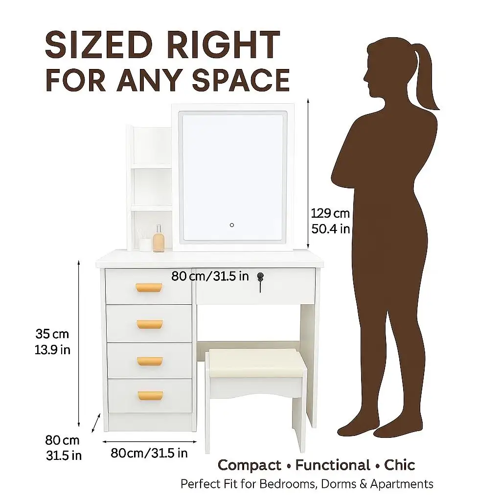 متجر Tiktok الأكثر مبيعًا، زينة بيضاء مع مرآة وإضاءة، مرآة مكياج منزلقة، ضوء LED مع 3 أوضاع ألوان، مقعد متضمن