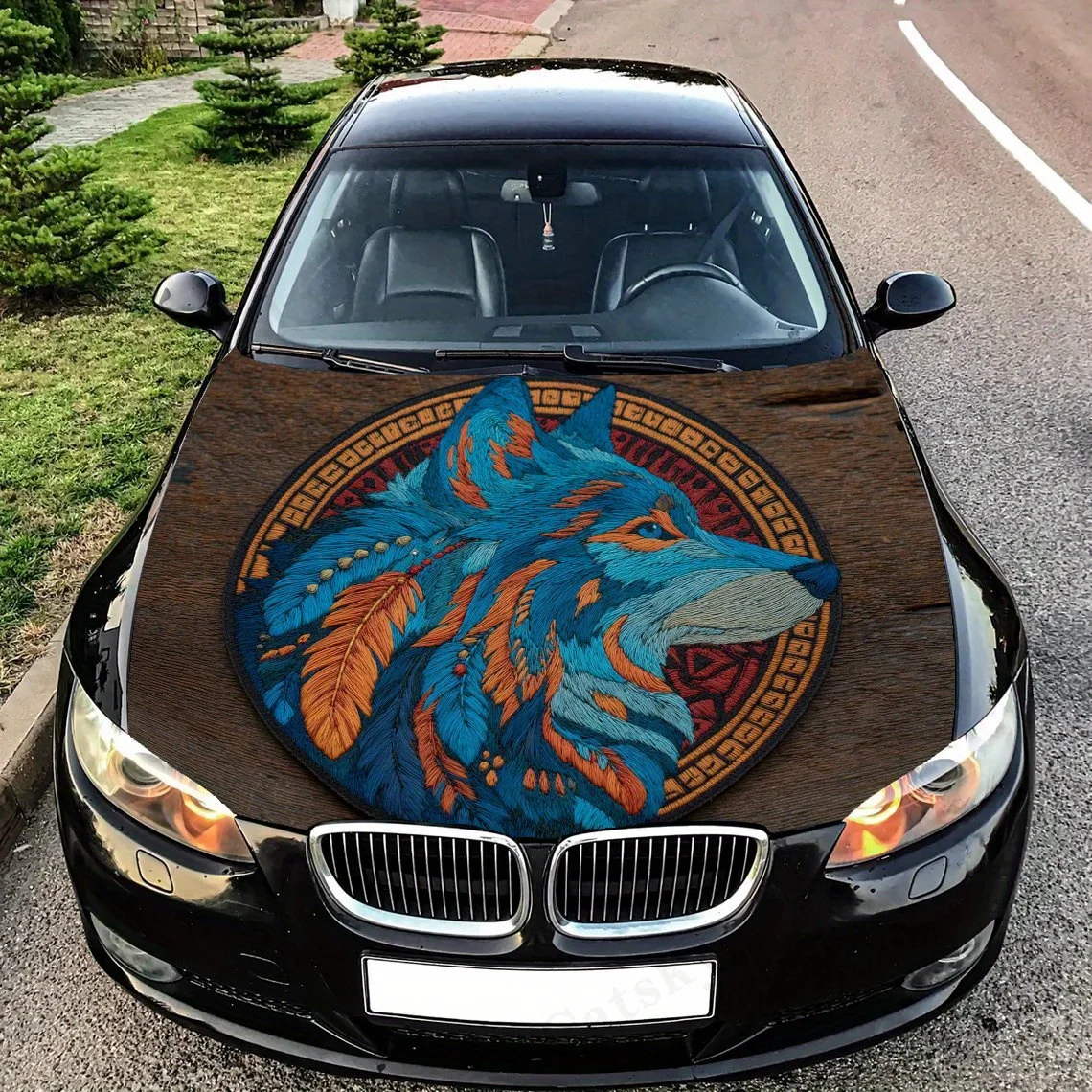 

Circular, artistic design featuring a wolf's head Car Hood Decal Sticker, Truck Sticker, Self-Adhesive Long-Lasting Car Accessor