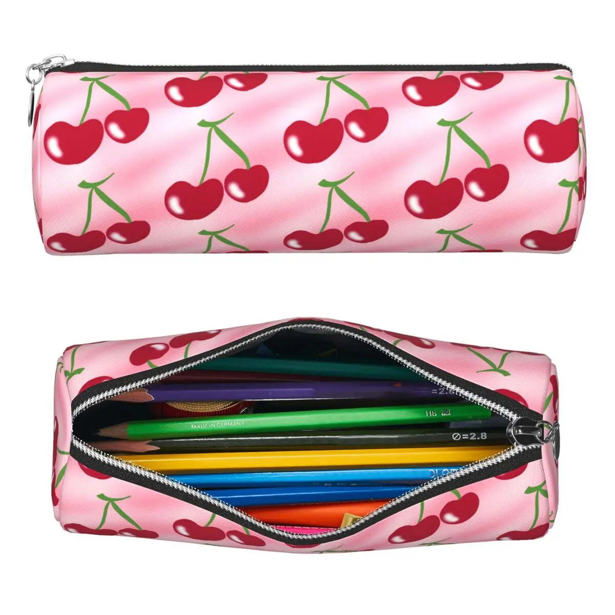 

Red Cherry Green Stems Pink Pencil Cases Pen Holder Cylinder Pen Box Pencil Bag for Students School