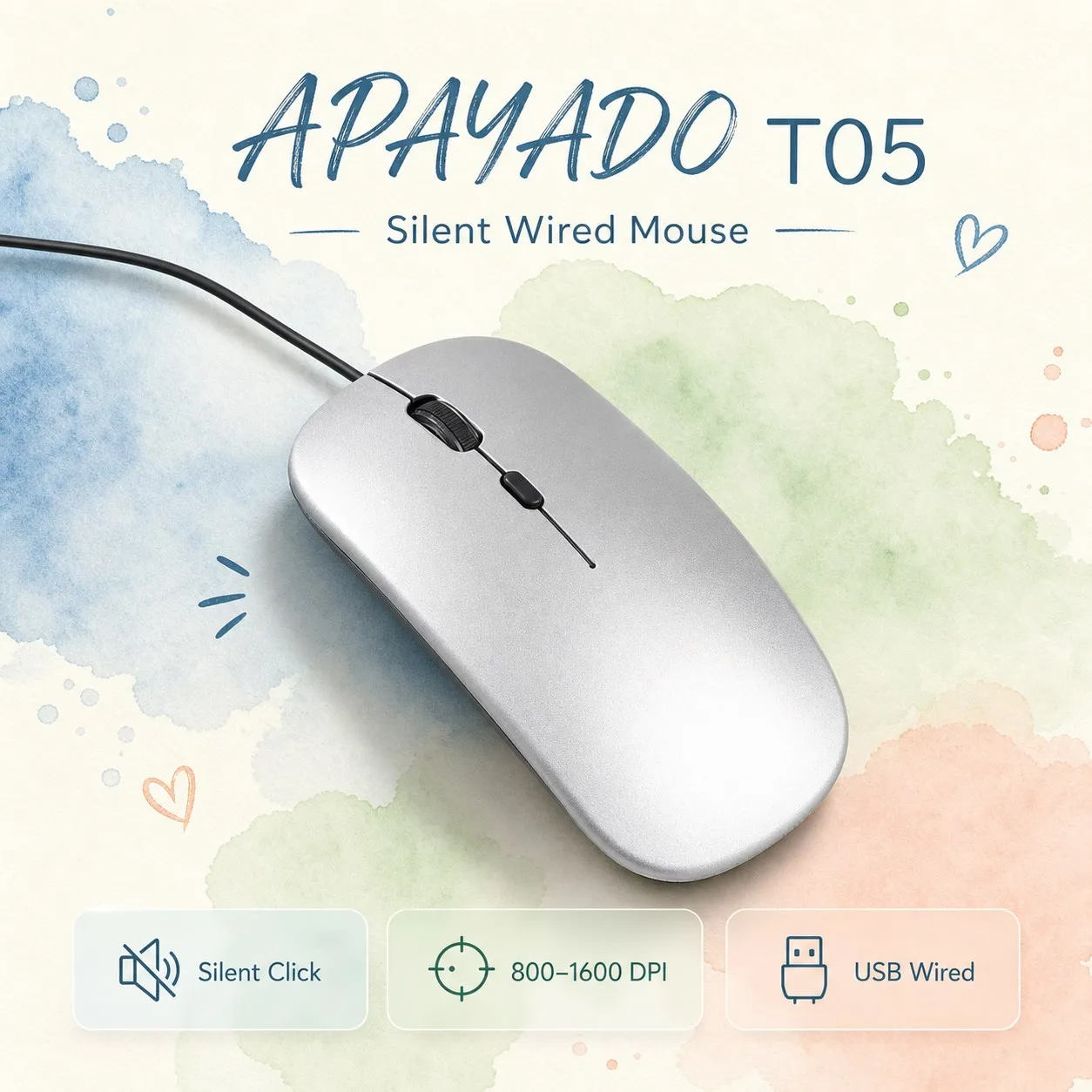 APAYADO T05 Wired USB Office Mouse, 800/1200/1600 DPI, 4 Buttons, Quiet Left and Right Clicks, 1.45m Cable, Plug and Play