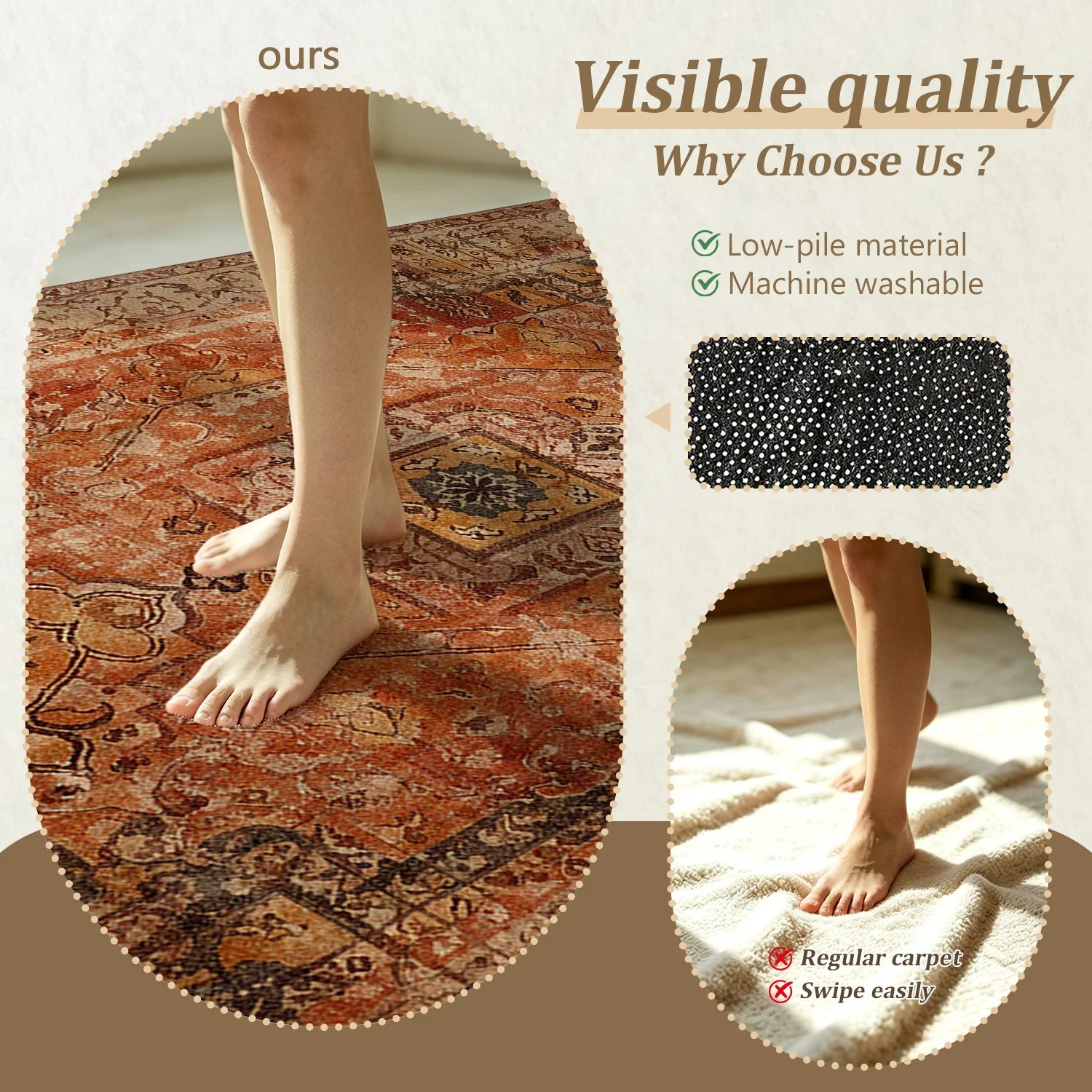 Large Indoor Area Rug, Soft Velvet Low Pile with Non-slip Dotted Backing, Machine Washable Vintage Distressed Persian Terracotta Rug for Living Room, Bedroom, Dining Room - view 7