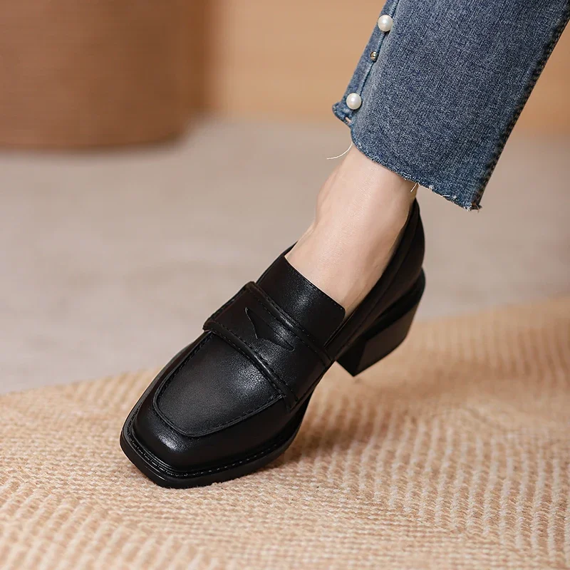 2022 Spring Genuine Leather Slip-On Women Shoes Casual Loafers Square Toe Simple Shoes Thick Heel Shoes Woman Zapatos De Mujer