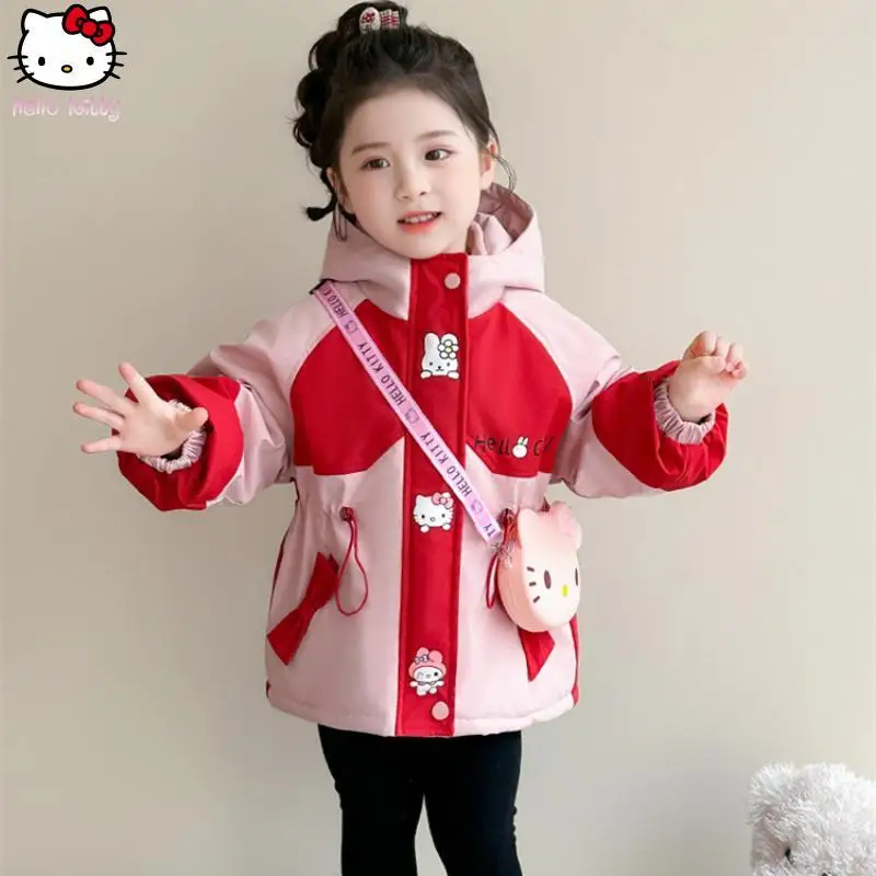 

Girl Hello Kitty Warm Hooded Jacket Kawaii Cartoon Autumn Winter New Anime Children's Thickened Jacke Sanrio Fashion Cotton Tops