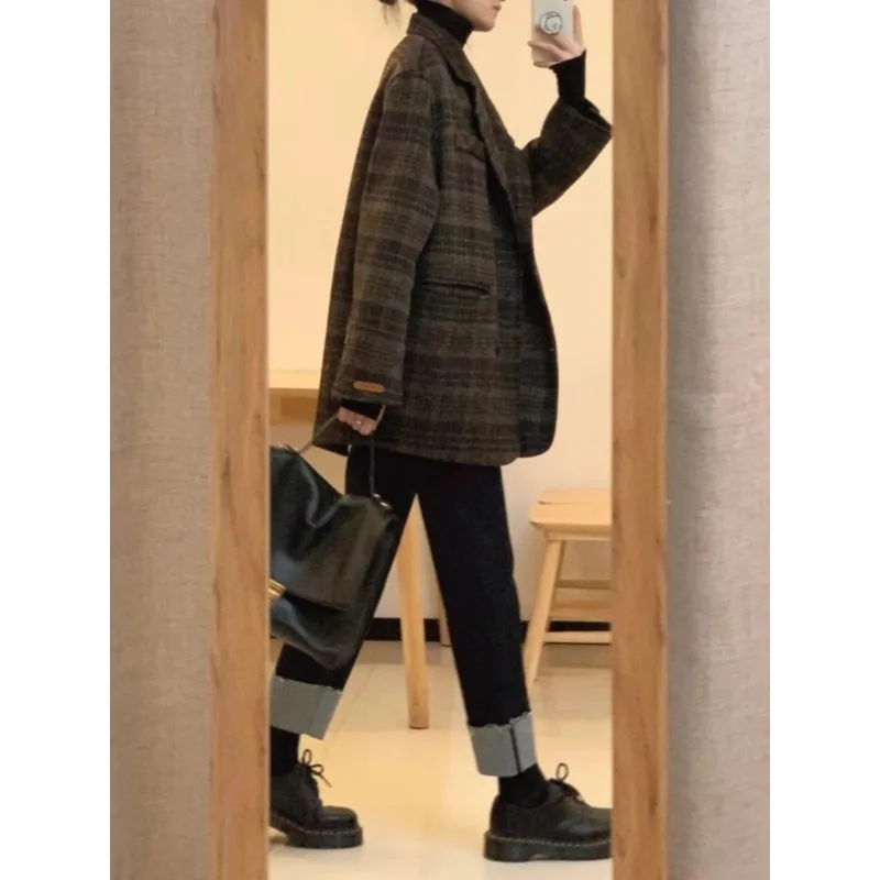

Облегающее шерстяное пальто в клетку для маленьких женщин, осень-зима, винтажное клетчатое пальто, модное женское пальто E12749