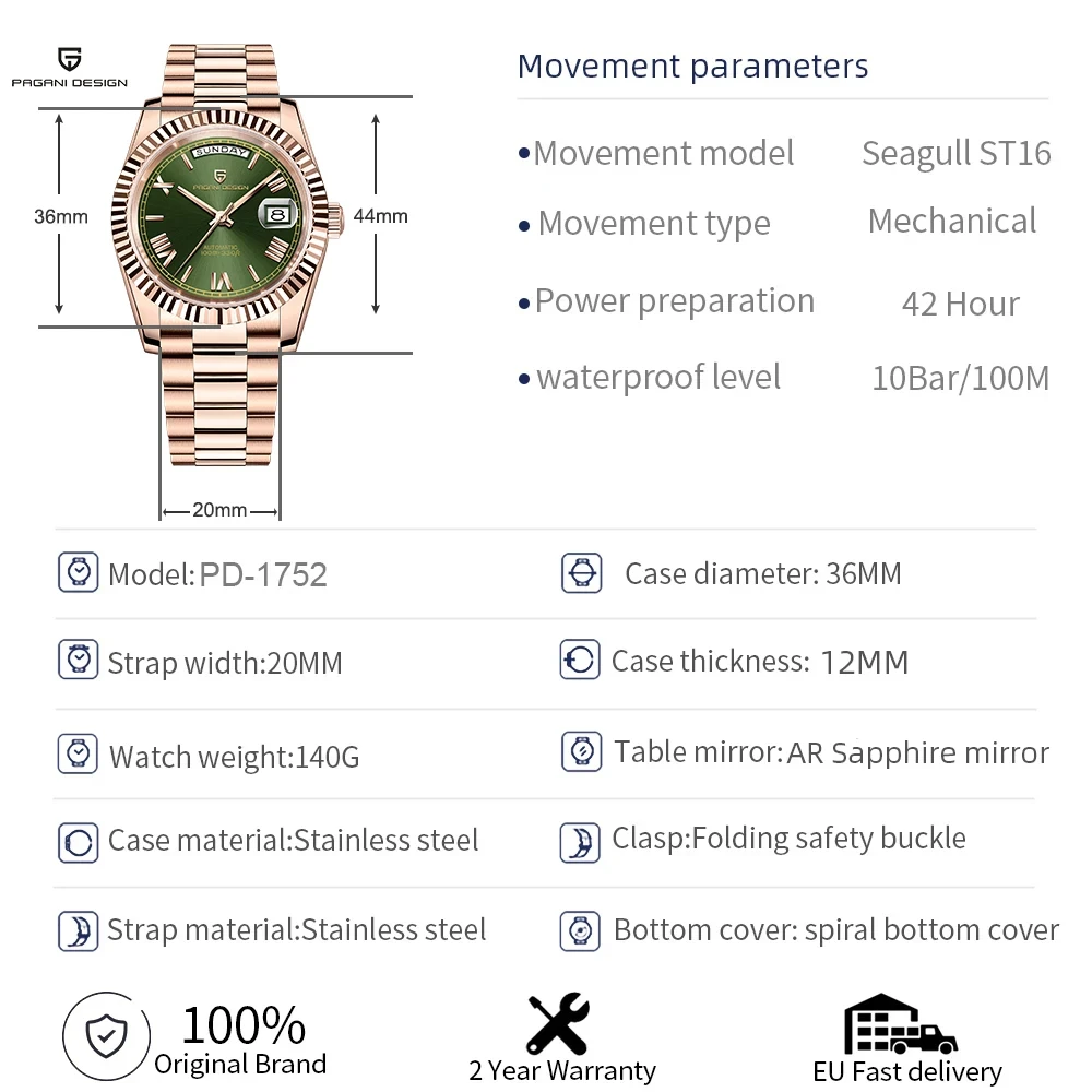 New PAGANI DESIGN DD36 Gold Luxury Automatic Mechanical Watch For Men ST16 100M Waterproof AR Sapphire Glass Wristwatch Men image 5