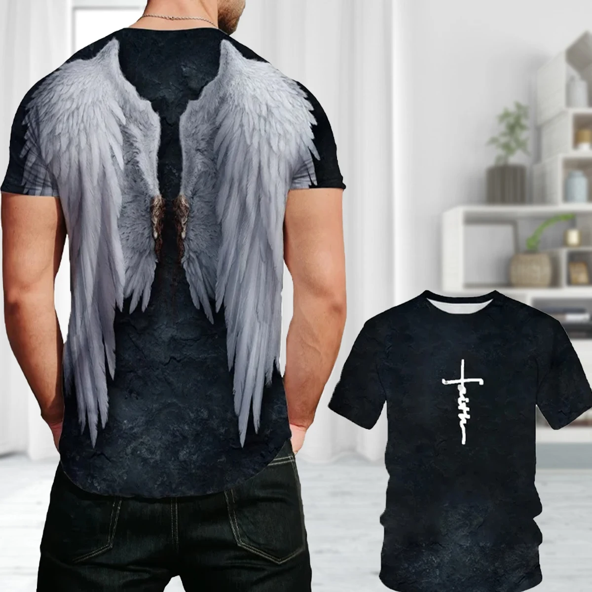 Dazzling Cool Men\'s T-shirt Angel Wings Cross 3D Printed Summer Casual Short Sleeve Oversized Fashion Breathable Sports Clothing