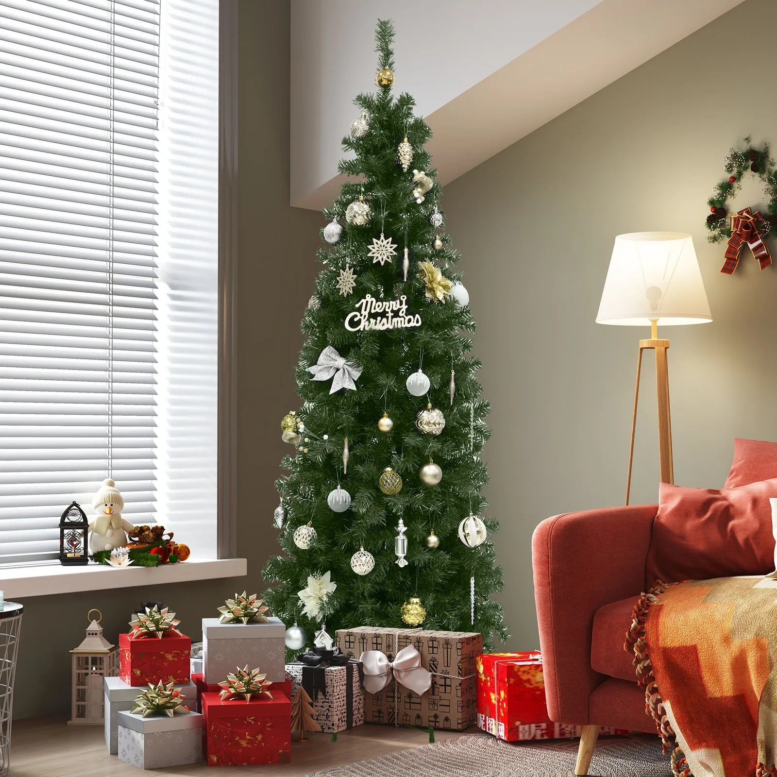 

6ft Pencil Prelit Artificial Christmas Tree with 700 Branch Tips & 200 Lights