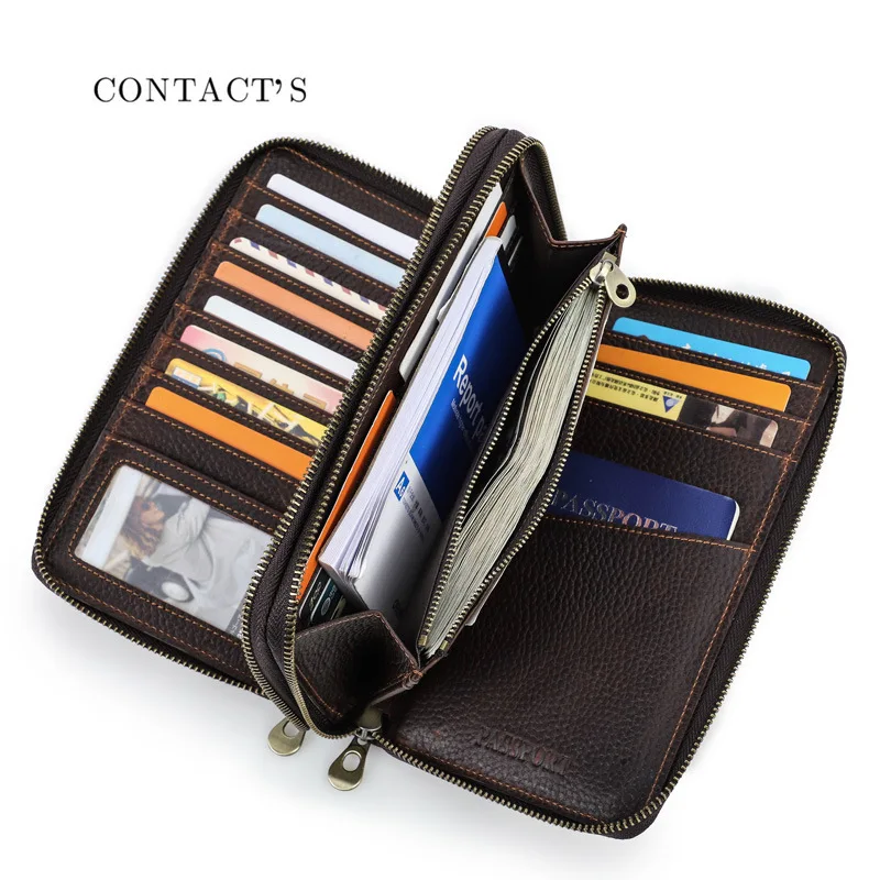 New Fashion Crazy Horse Cowhide Casual Men's Handbag Leather High-end Wrist Double Zipper Storage Bag Wallet Men Leather Wallets