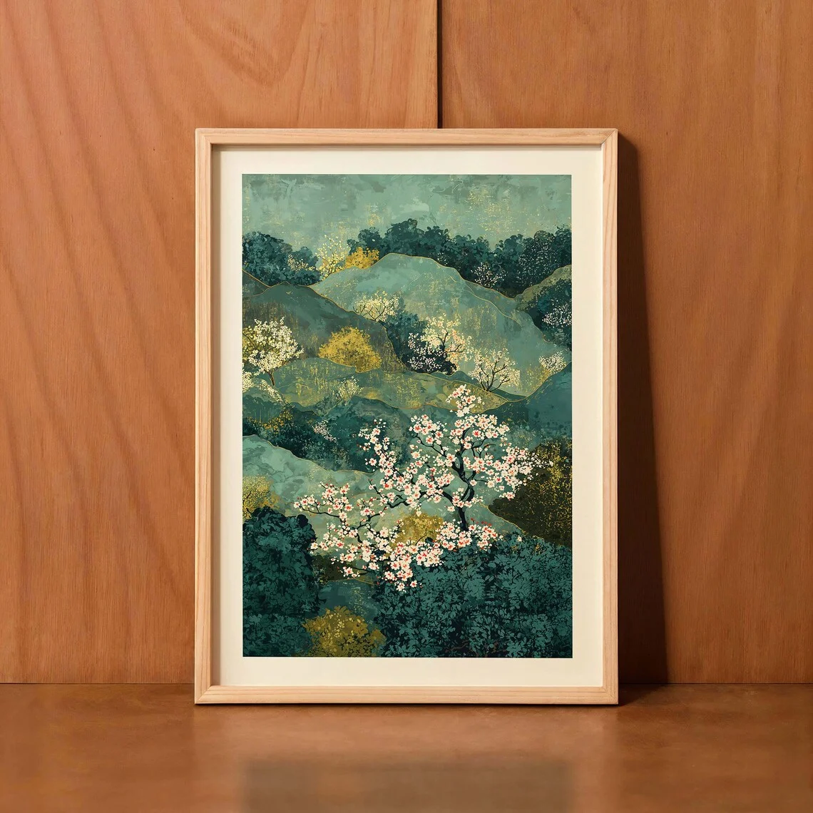 Arte de parede com paisagem oriental serena - Impressão pintorilhada luxuriosa de um vale em flor, combinando tons de verde-azulado profundo com delicadas flores rosa.