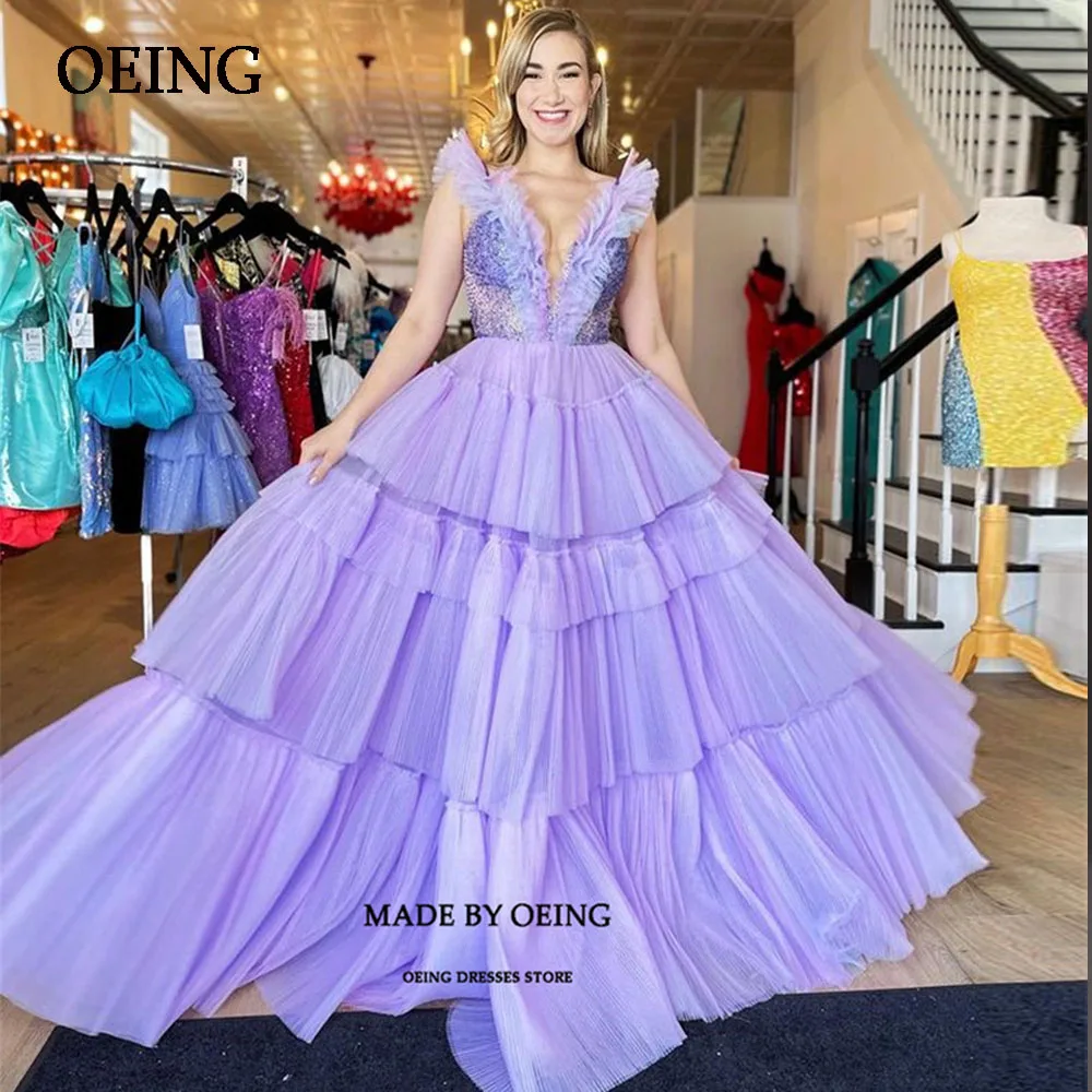 

OEING Lavender Purple Tulle Tiered Evening Dress Puff Sleeves Prom Gowns Floor Length Ball Grown Vestidos De Fiesta Party Dress