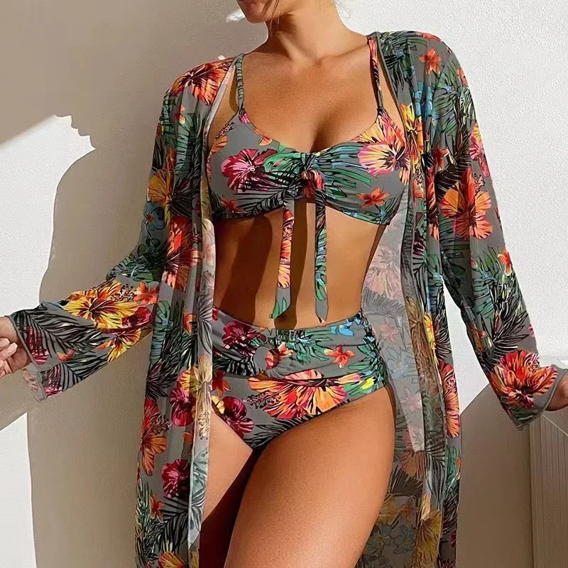 2024 Luxe Sexy Hoge Taille Bikini Drie Stukken Bloemen Gedrukt Badpak Vrouwen Bikini Set Met Mesh Lange Mouwen Blouse vrouwelijke
