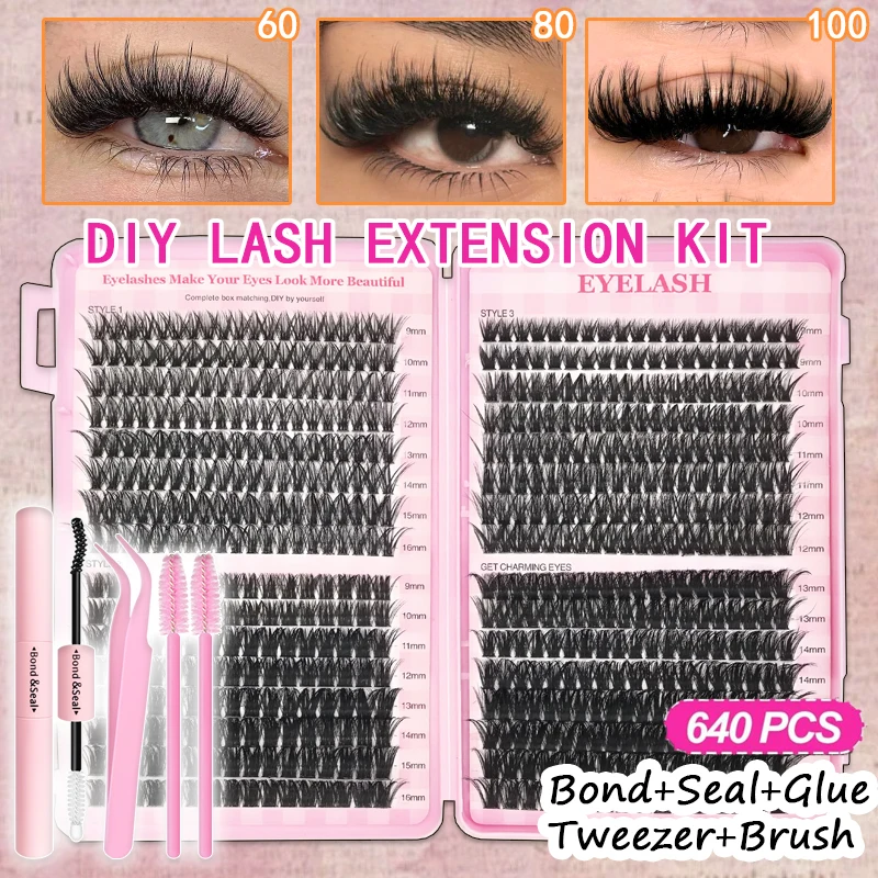 طقم تمديد الرموش الصناعية الاحترافية مع السندات والختم، ملاقط، فرشاة الرموش - 30D/40D/50D 60D/80D/100D، أطوال 9-16 مم،