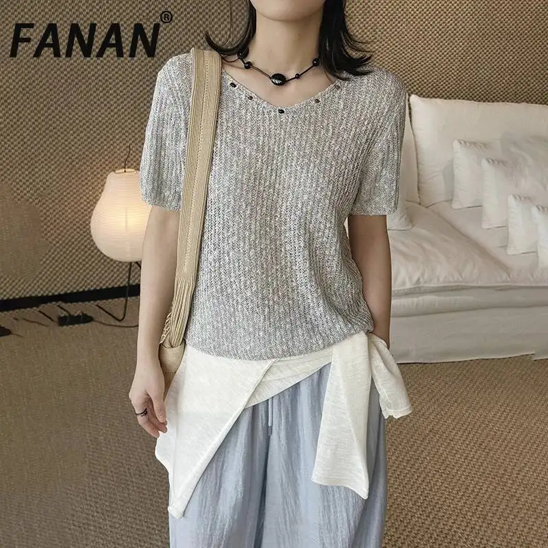 FANAN Summer New French Bohemian Style Round Neck Knitted Top For Women With Stone Beads And Hollow Desig Loose Fit Tops Women's