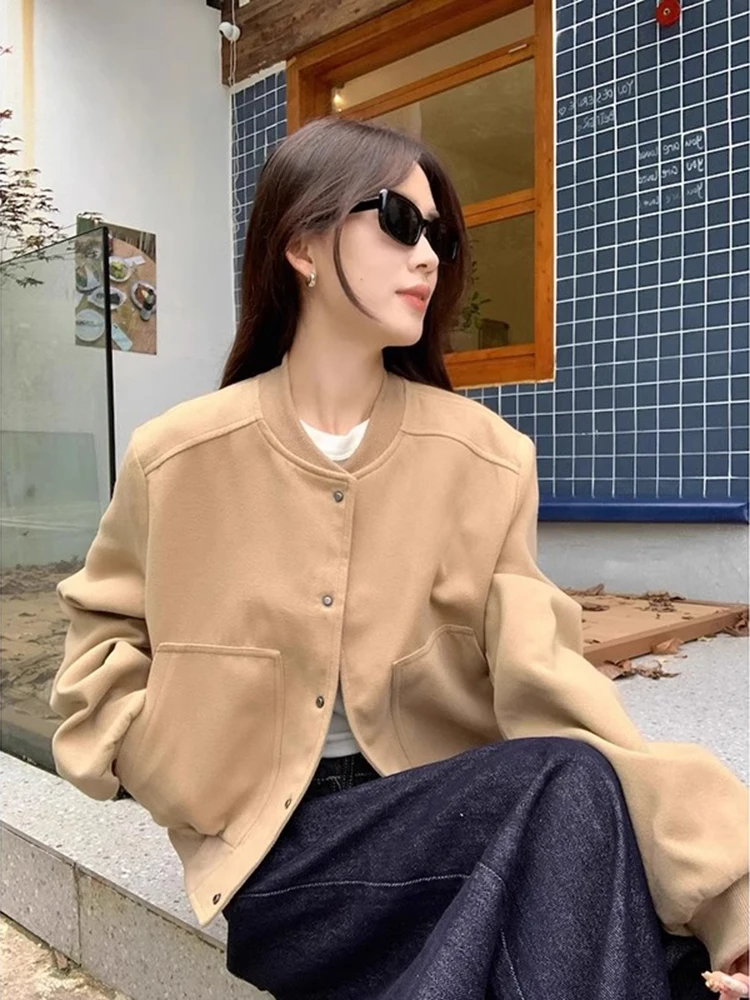 

Streetwear Crop Baseball Jacket Women Early Autumn Vintage Button Casual Coats Loose Sports Long Sleeve Pocket Female Outwear