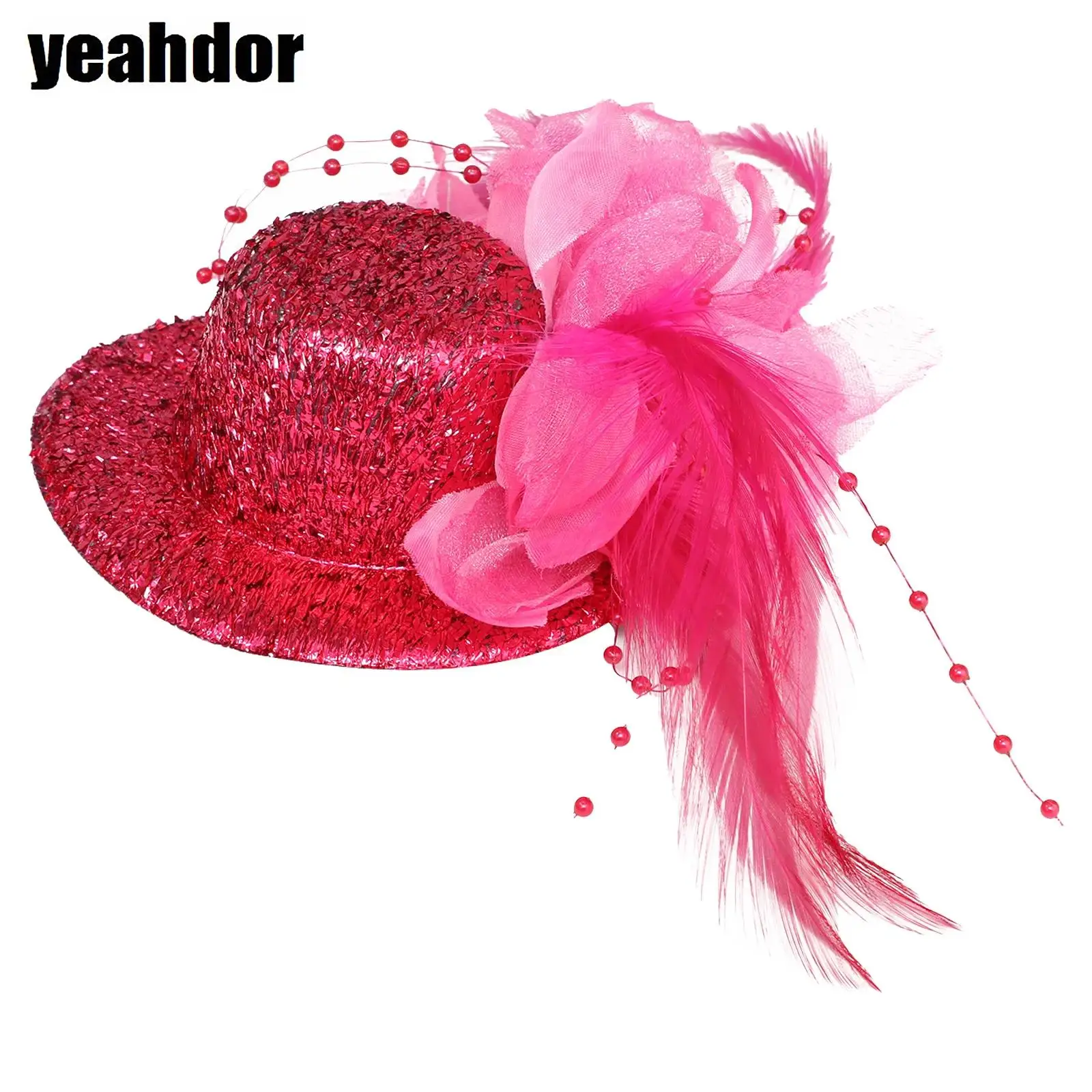 

1Pc Women Mini Hairclip Magician Steampunk Top Hat with Feathers Mesh Flower Plastic Beads Decoration for Dress Up Cosplay Party