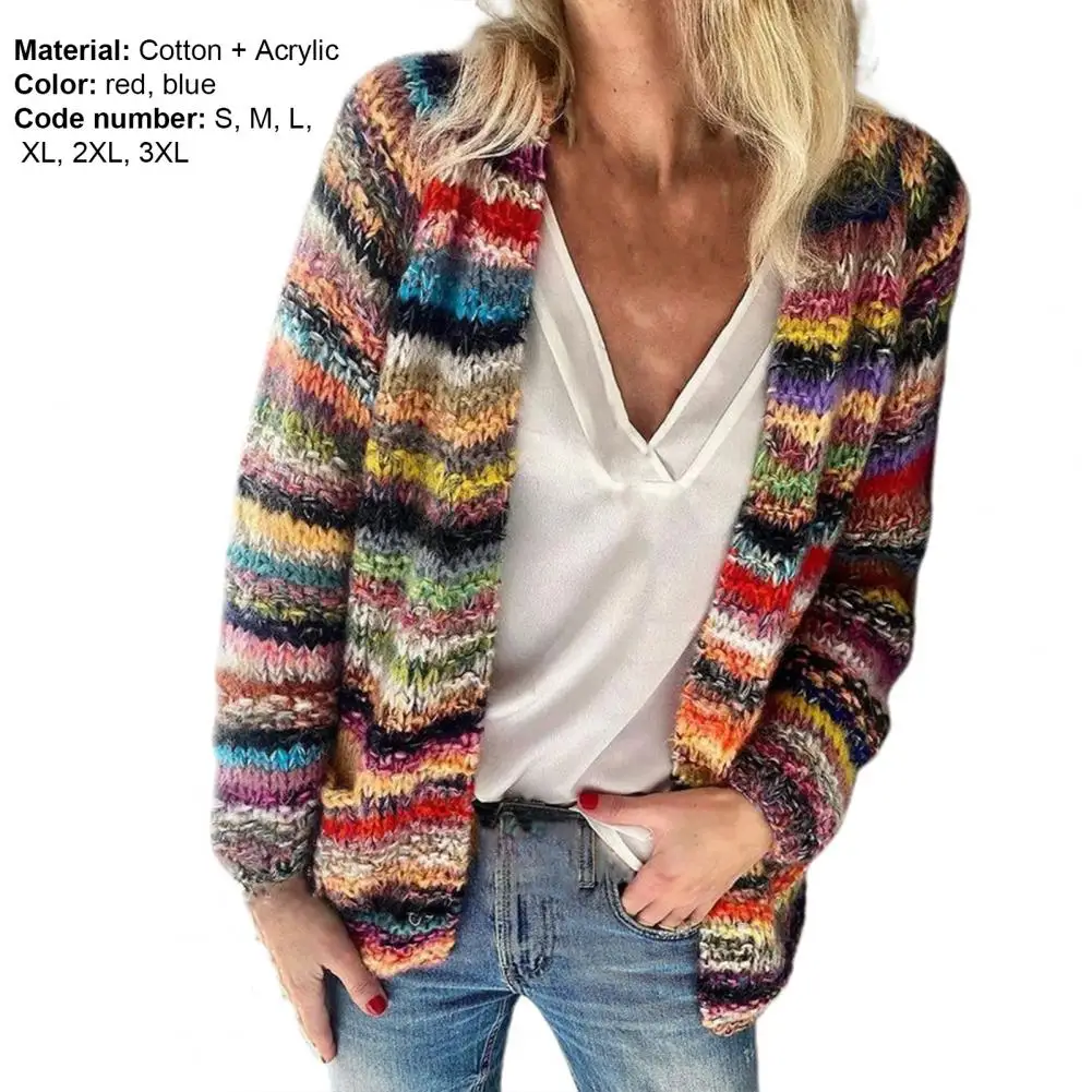Autumn Vintage Sweater Cardigan Women Long Sleeve Knitted Rainbow Stripes Knitted Coat Ladies Office