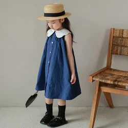 Korean Style Girls Dress Summer Sweet Kids Dresses Cotton Solid Color Sleeveless Children Dress Casual Girl Clothes 3-8 Years