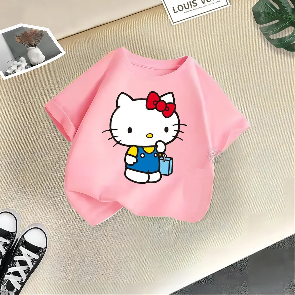 

Sanrio Teen Summer 100% Cotton T-shirt Street Fashion Hello Kitty Print Kids Comfortable Casual Cotton T-shirt Boys Girls Short