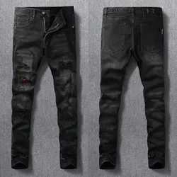 Street Fashion Men Jeans Retro Black Gray Elastic Stretch Slim Fit Ripped Jeans Men Red Patched Designer Hip Hop Pants Hombre