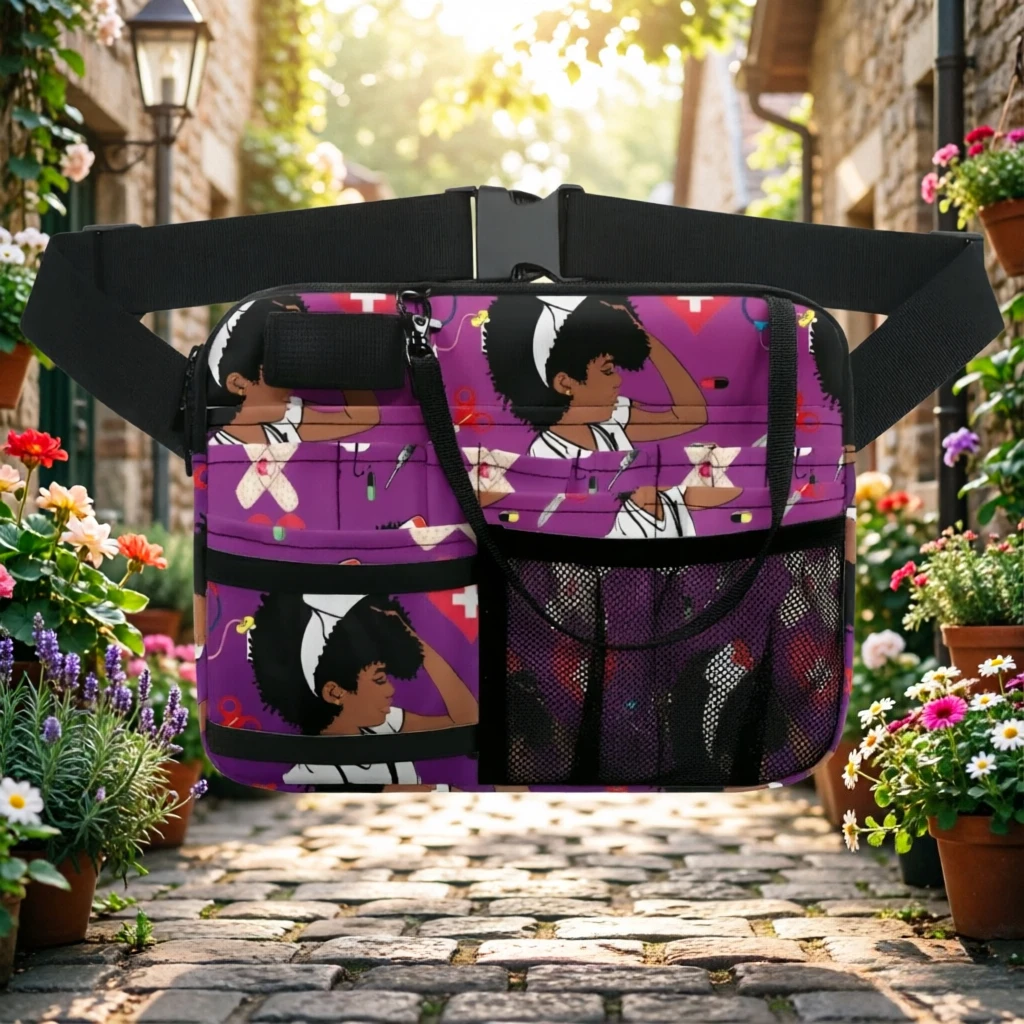 

Black Nurse Cartoon Print Waist Bag - Multi-Pocket Utility Pouch with Stethoscope Holder, Adjustable Strap, Nurse Gift