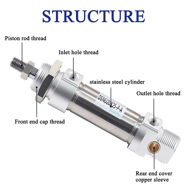 DSNU10-12-16-20-25-32-40X25X50X75X100X125X150X200X250X300-P-A Round Mini Pneumatic Cylinder DSNU Stainless Steel Double Acting