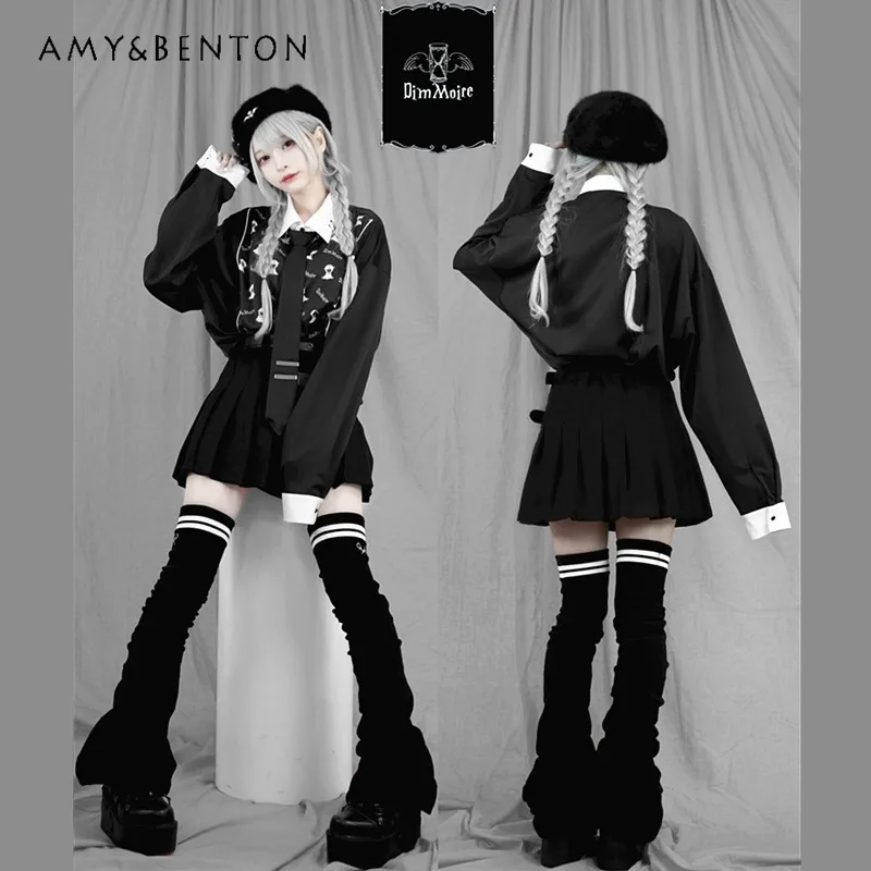 Japanese Style Harajuku Black and White Mine Cartoon Print Tie Long-sleeved Lolita Shirt Subculture Goth Oversized Blouse Women