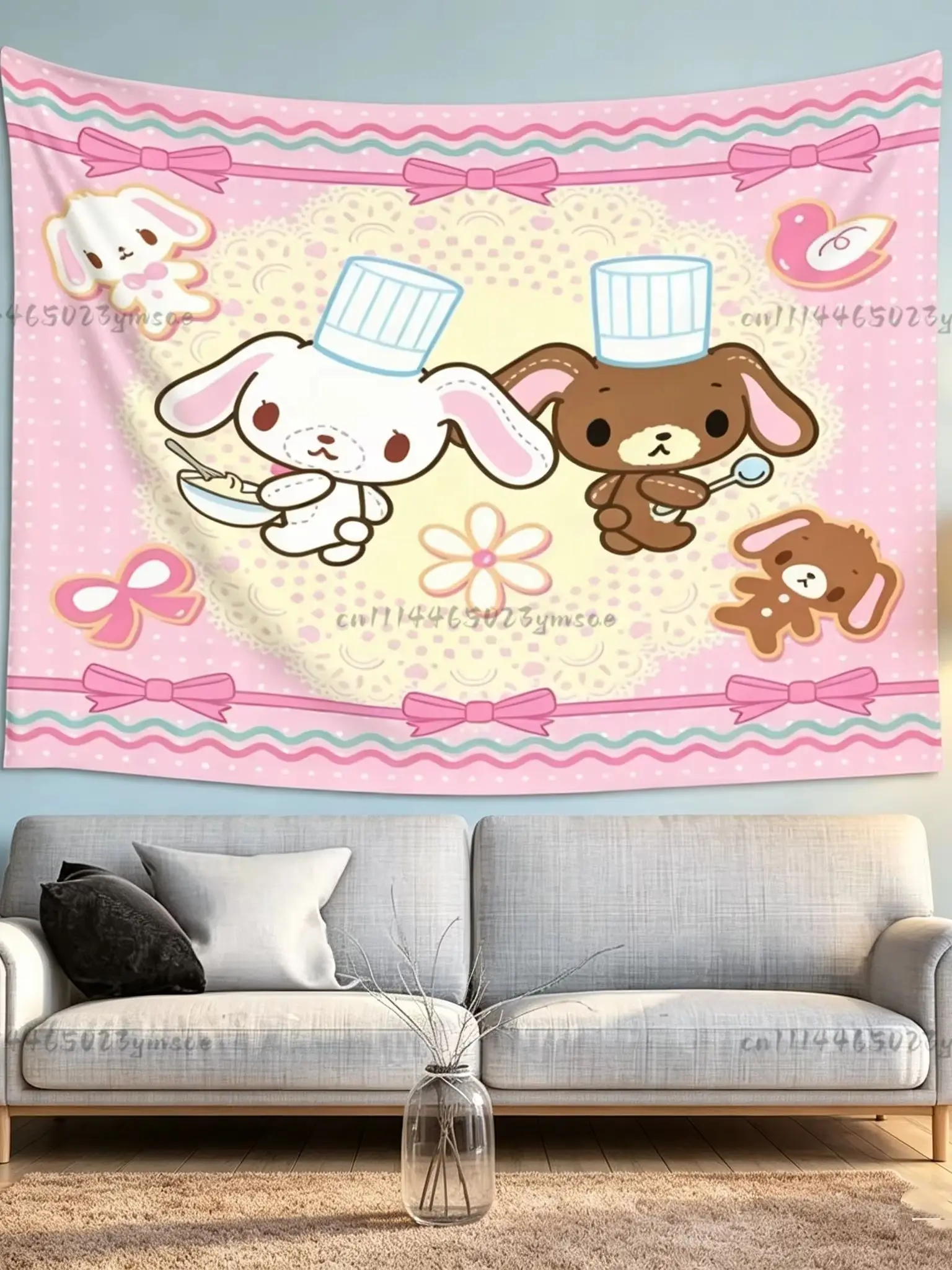 Niedlicher rosa Koch-Tier-Cartoon-Wandteppich, Kawaii-Wandbehang, Hintergrundtuch für Mädchenzimmer, Schlafsaal, Cartoon-Flagge, Dekoration – Detail 7