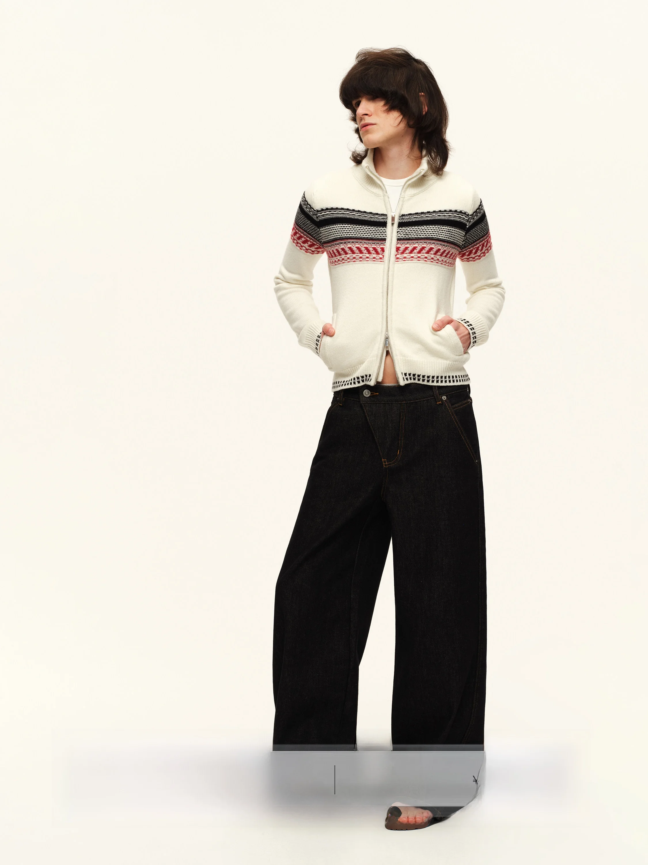 

Retro Fleece Lined Asymmetrical Button Fly Denim Jeans Women's Wide Leg Pants Autumn Winter Design Original Bull Color