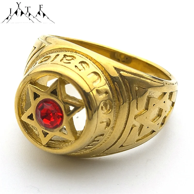 Judaism Hexagram Israel Star of David Red Crystal Ring for Men Stainless Steel Jewish Punk Hip Hop Male Biker Jewelry Gifts R587