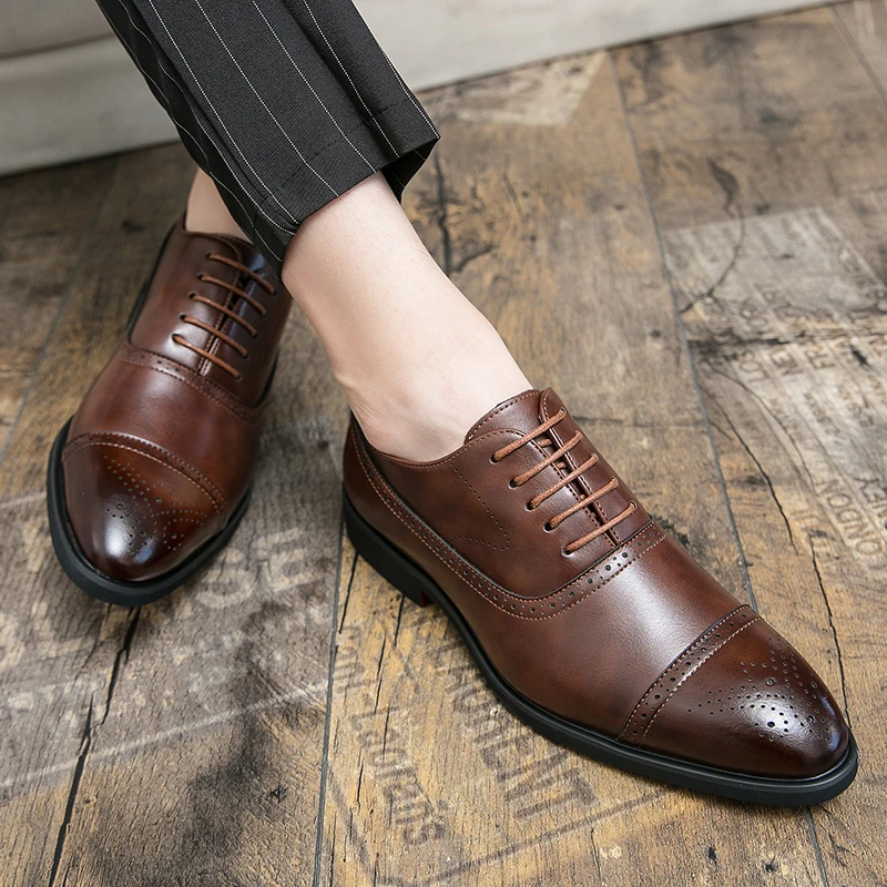 Men Retro Formal Shoes PU Luxury Business Oversized Party Office Business Block Shoes Red Sole Black Brown Size 38-48 Men Shoes