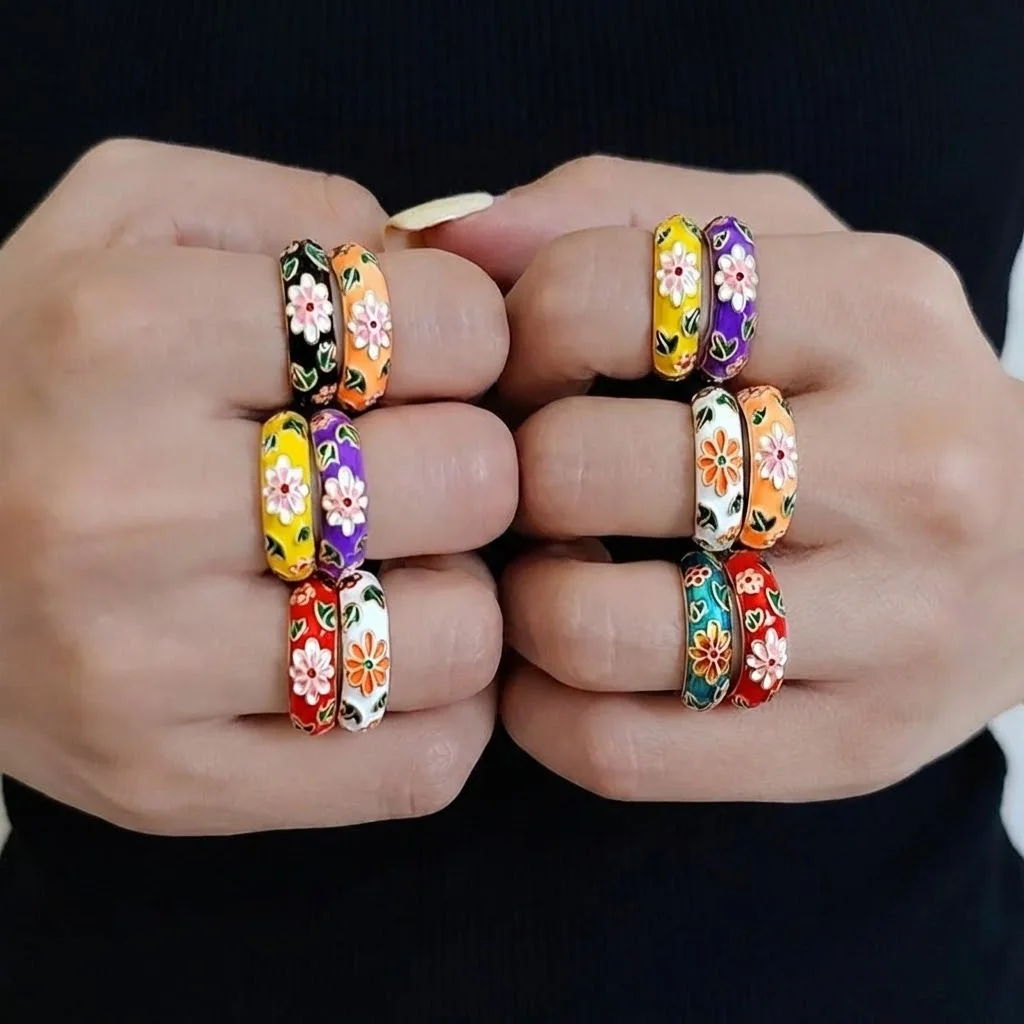Colorful Flower Enamel Ring Vintage Flower Rings Trendy Geometric Opening Ring Engagement Geometric Flower Finger Rings Gifts