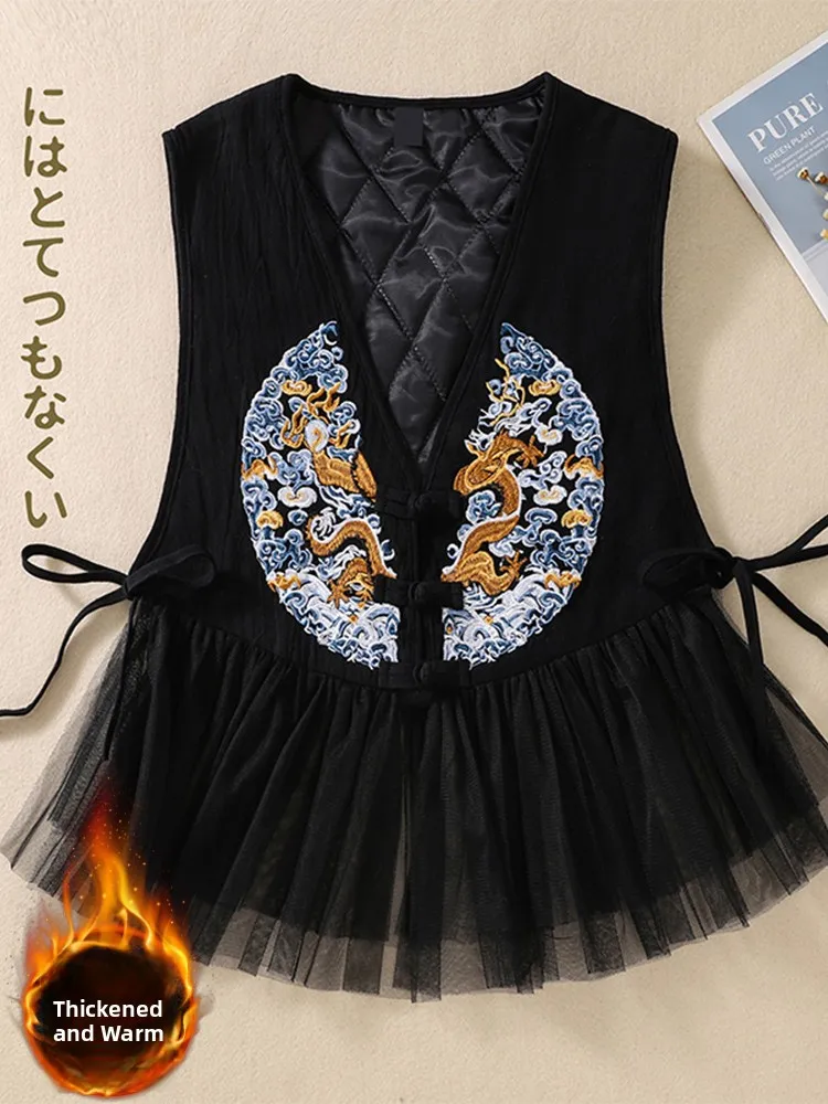 

Легкий хлопково-льняной женский тюнет с вышивкой в этническом стиле, жилет с треугольным вырезом и застежкой на одной пуговице, обычная длина