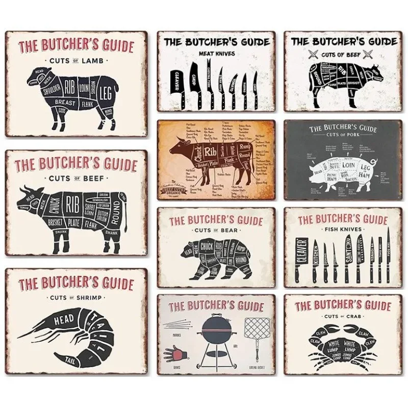 Metal Tin Poster Butcher Beef Pig Retro Metal Tin Signs Posters Plate Wall Decor for Bar Restaurant Cafe Clubs Retro Plaque