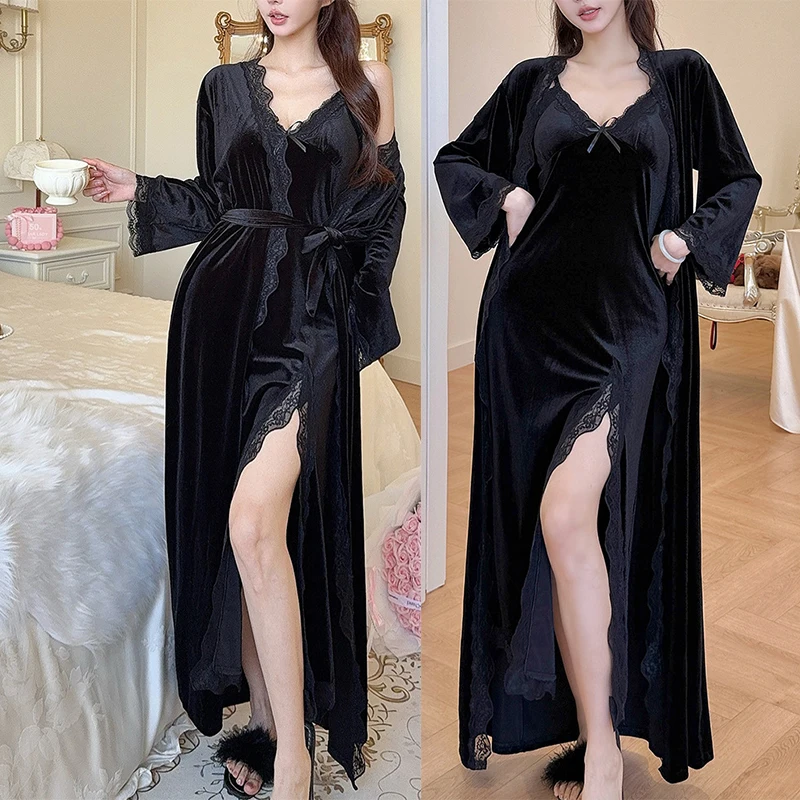 

Комплект халатов с черной кружевной отделкой, 2 шт., одежда для сна, теплая домашняя одежда, бархатное интимное белье, длинные пижамы, ночная рубашка, костюм, женская ночная рубашка