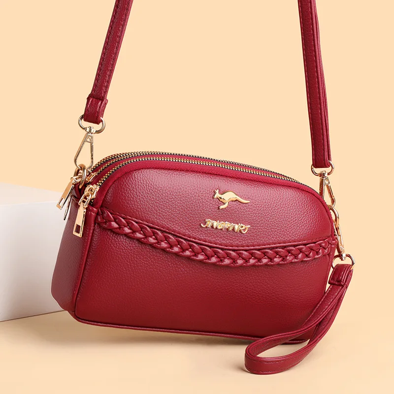 Chic Pu Leather Crossbody Bag for Women Three Layer Zipper Stylish Braid Detail, Versatile Shoulder Purse for Phones & Essential