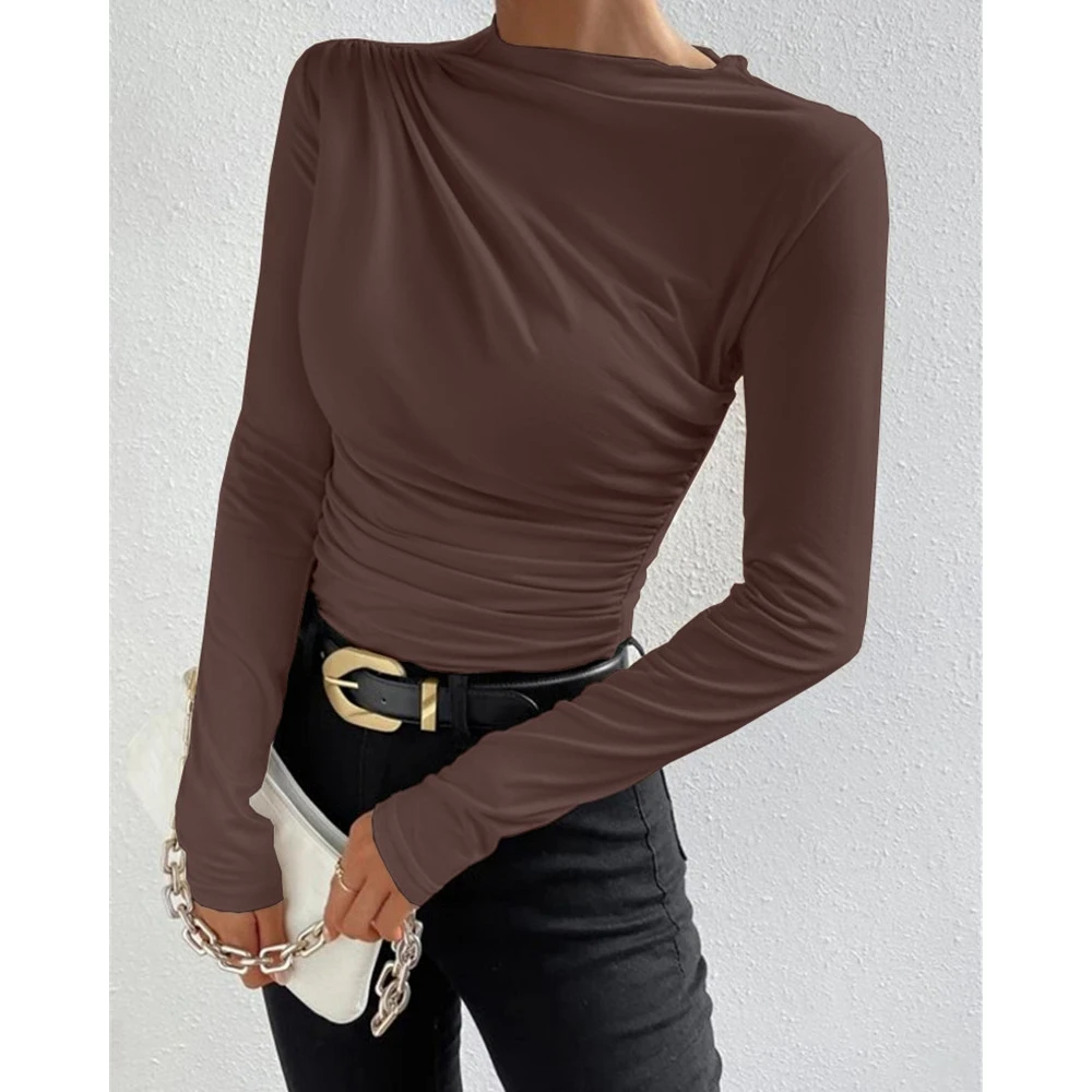 

Women Fashion Ruched Design Ribbed Long Sleeve Knitted Top Femme Casual Autumn Solid Color Slim Waist O Neck Basic Knitted Top