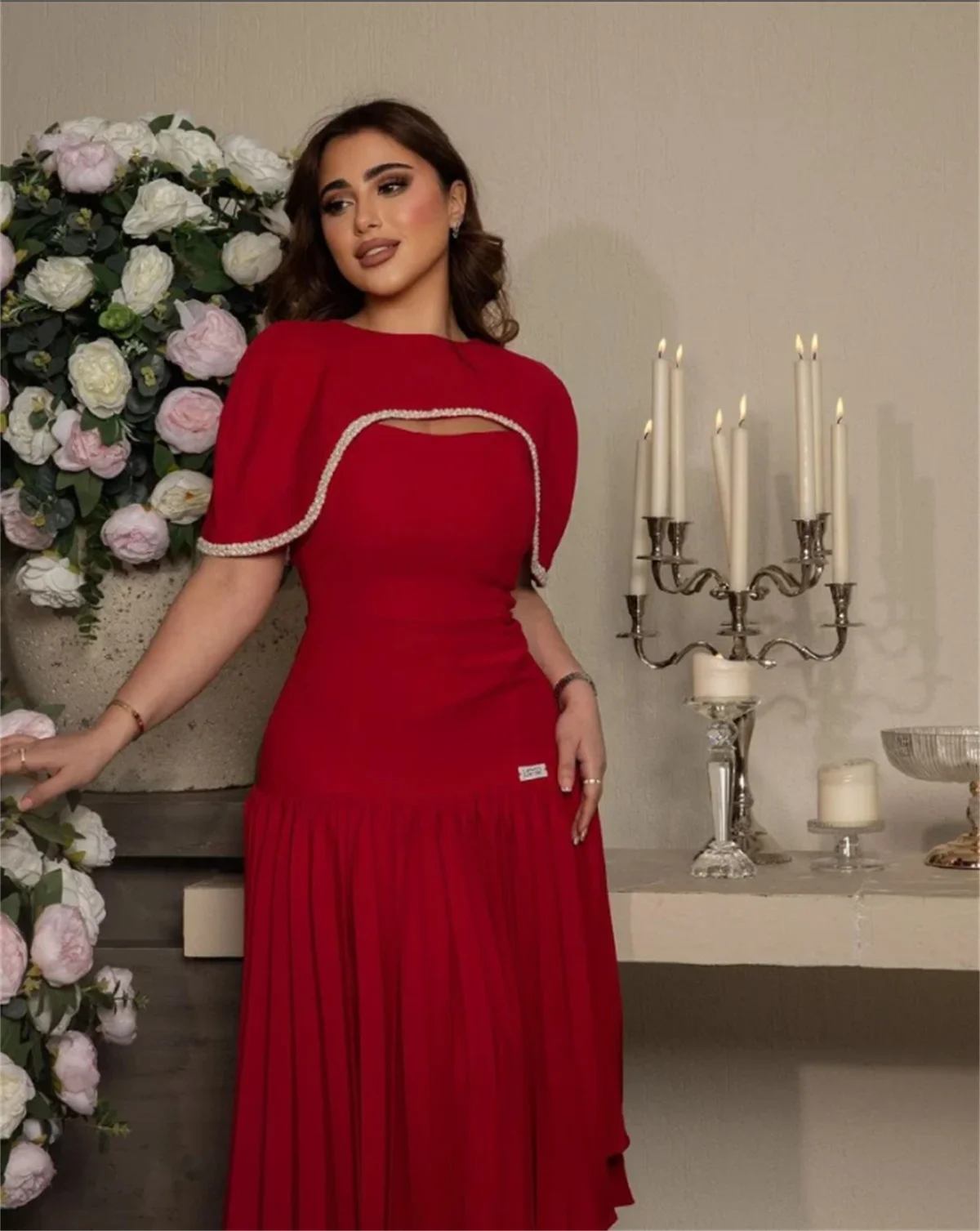 Klassisches A-Linie rotes Abendkleid saudi-arabische Kabale elegantes Ballkleid Rundhals ausschnitt Langarm bis Kalb Couture فساتينللمناسبات