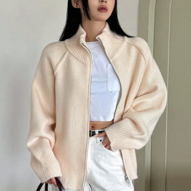 

Lazy Style Sweater For Women's 2025 Autumn Winter New Korean Solid Stand Collar Zipper Knitted Cardigan Top Long Sleeve Jacket