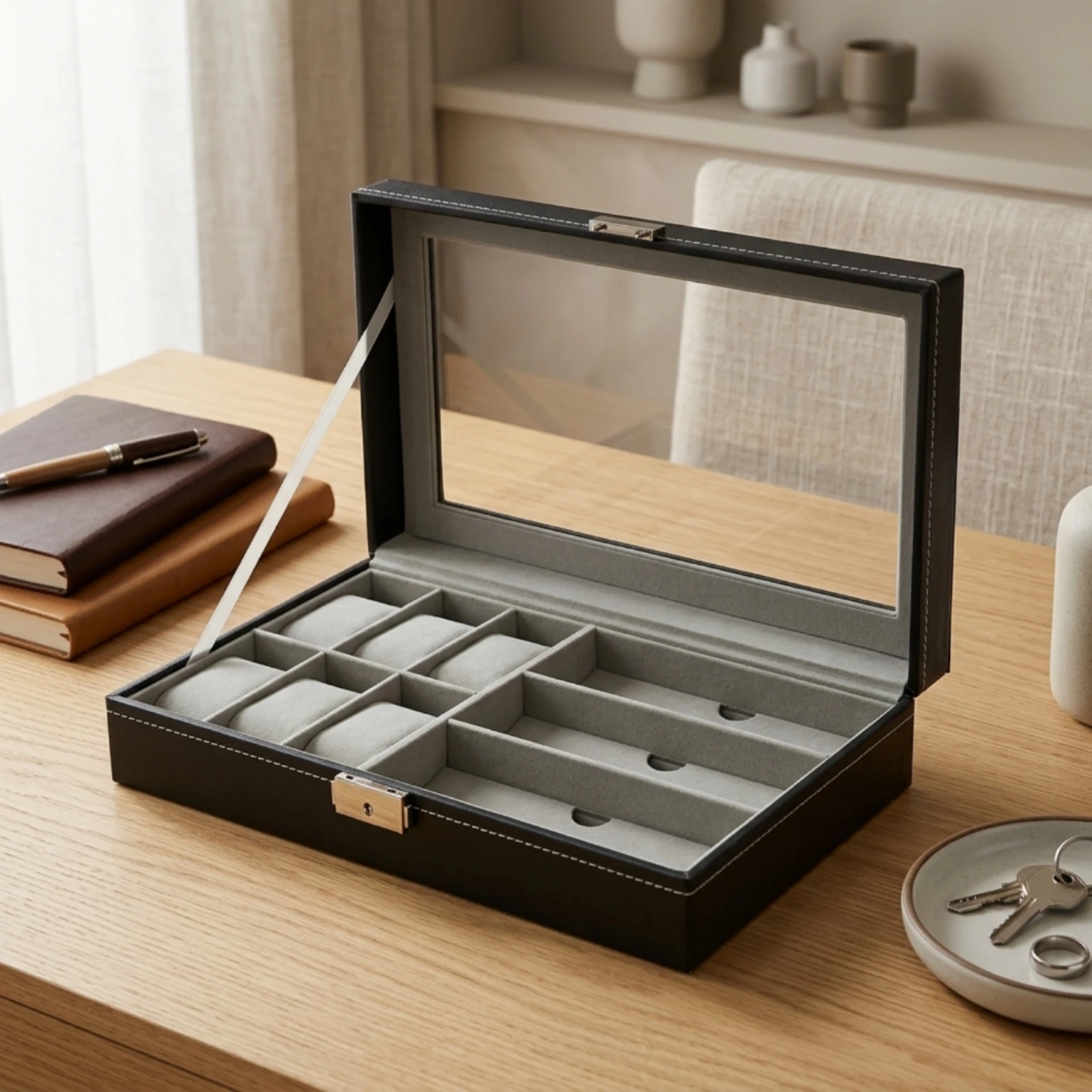 Watch Box Dustproof Watch Organizer with Window Jewelry Box Safeguarding Display Case Compartmented for Collectors, Dresser